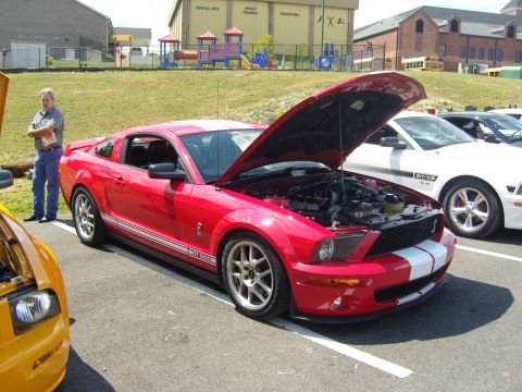 2007 Ford Mustang - A red Ford Mustang GT500 is displayed with its hood open at an outdoor car show. Another Mustang is parked nearby.