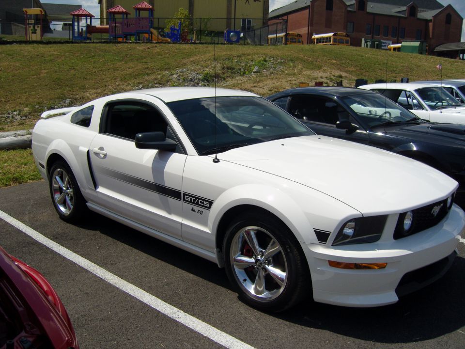 White Ford Mustang GT/CS with black stripe on fender and door, parked in a lot
