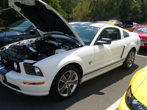 2007 Ford Mustang - White 2007 Ford Mustang parked with its hood up, displaying racing stripes and engine details.