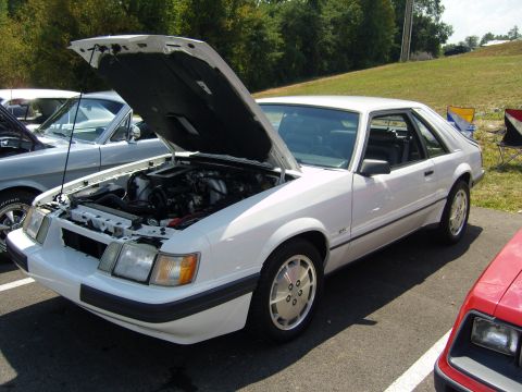 2007 Ford Mustang - A white 1987 Ford Mustang coupe is displayed with its hood open, revealing the engine bay, at an outdoor car event.