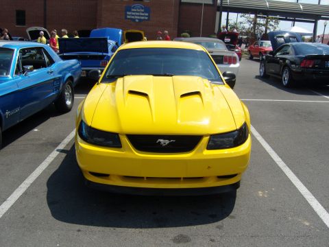 2007 Ford Mustang - A yellow Ford Mustang is parked at a car show, with other vehicles in the background.