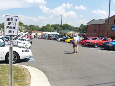 2007 Ford Mustang - A line of Mustangs are displayed with hoods up at the Somernites Cruise event.