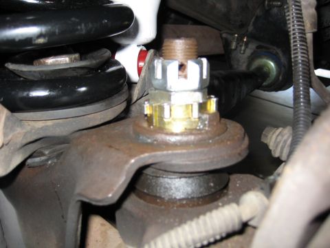 1996 Ford Bronco - This image shows a close-up view of a vehicle's ball joint assembly, including the nut and cotter pin.