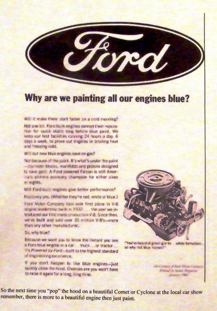 Vintage Ford ad "Why are we painting all our engines blue?" with a Ford V-8 engine photo