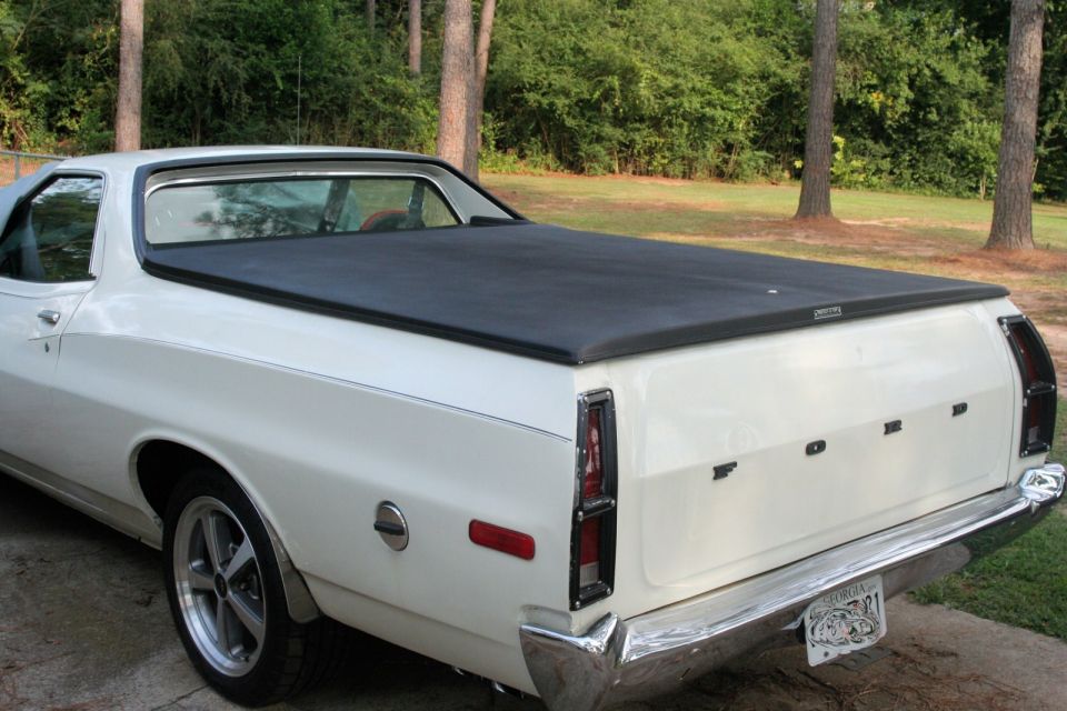 1976 Ford Ranchero rear view with black bed cover and chrome bumper