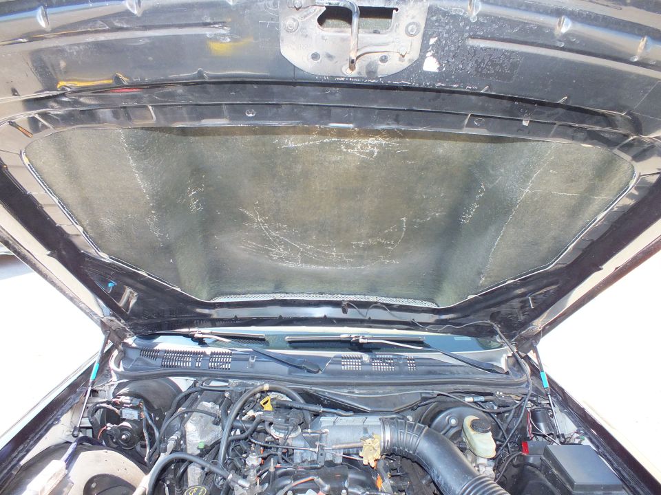 Underside of open hood with sound-deadening insulation above the engine bay