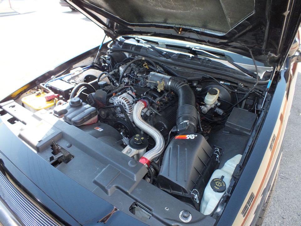V8 engine bay with chrome K&N cold air intake, alternator and reservoir under open hood