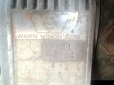 2000 Jeep Wrangler - Data plate for a Warn 8274 winch shows part and serial numbers.