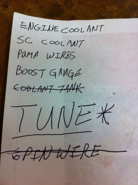 2010 Dodge Challenger - A handwritten list details tasks and parts, including engine coolant, a boost gauge, and a tune-up.