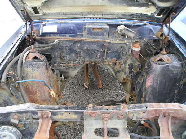 1966 Ford Fairlane engine bay, blue exterior