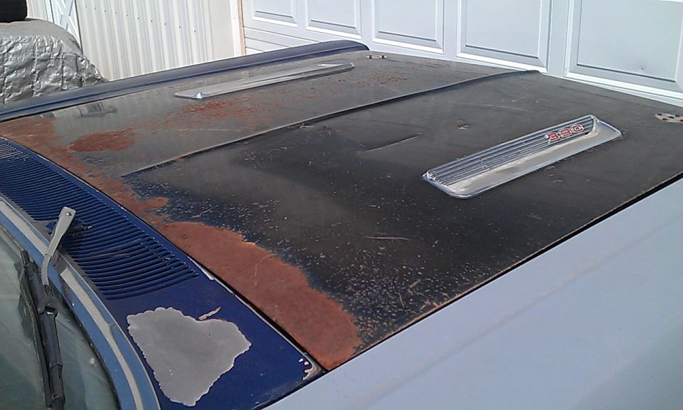 Car hood showing rust and a scoop. The paint is peeling on the blue fender