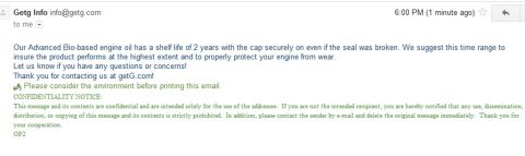 2000 Ford Crown Victoria - Email discusses engine oil shelf life and includes a confidentiality notice.