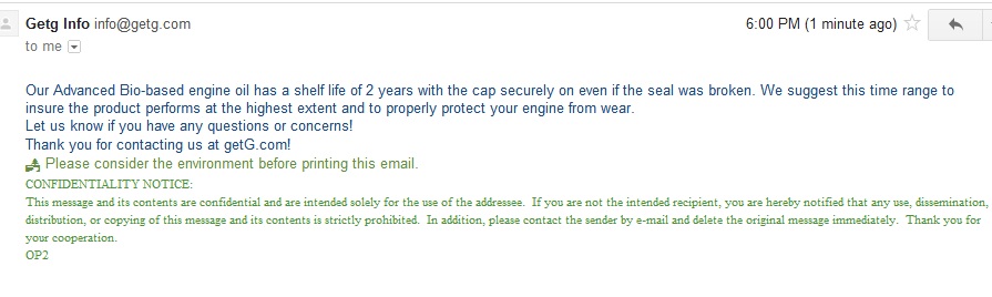 Email from Getg Info about engine oil shelf life and confidentiality notice
