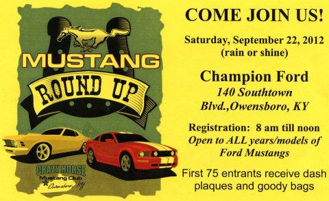 2007 Ford Mustang - Promotional flyer for the Mustang Round Up event hosted by Champion Ford in Owensboro, Kentucky.