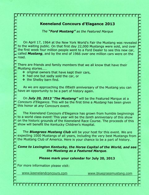 2007 Ford Mustang - Invitation letter for the 2013 Keeneland Concours d'Elegance featuring the Ford Mustang as marque.