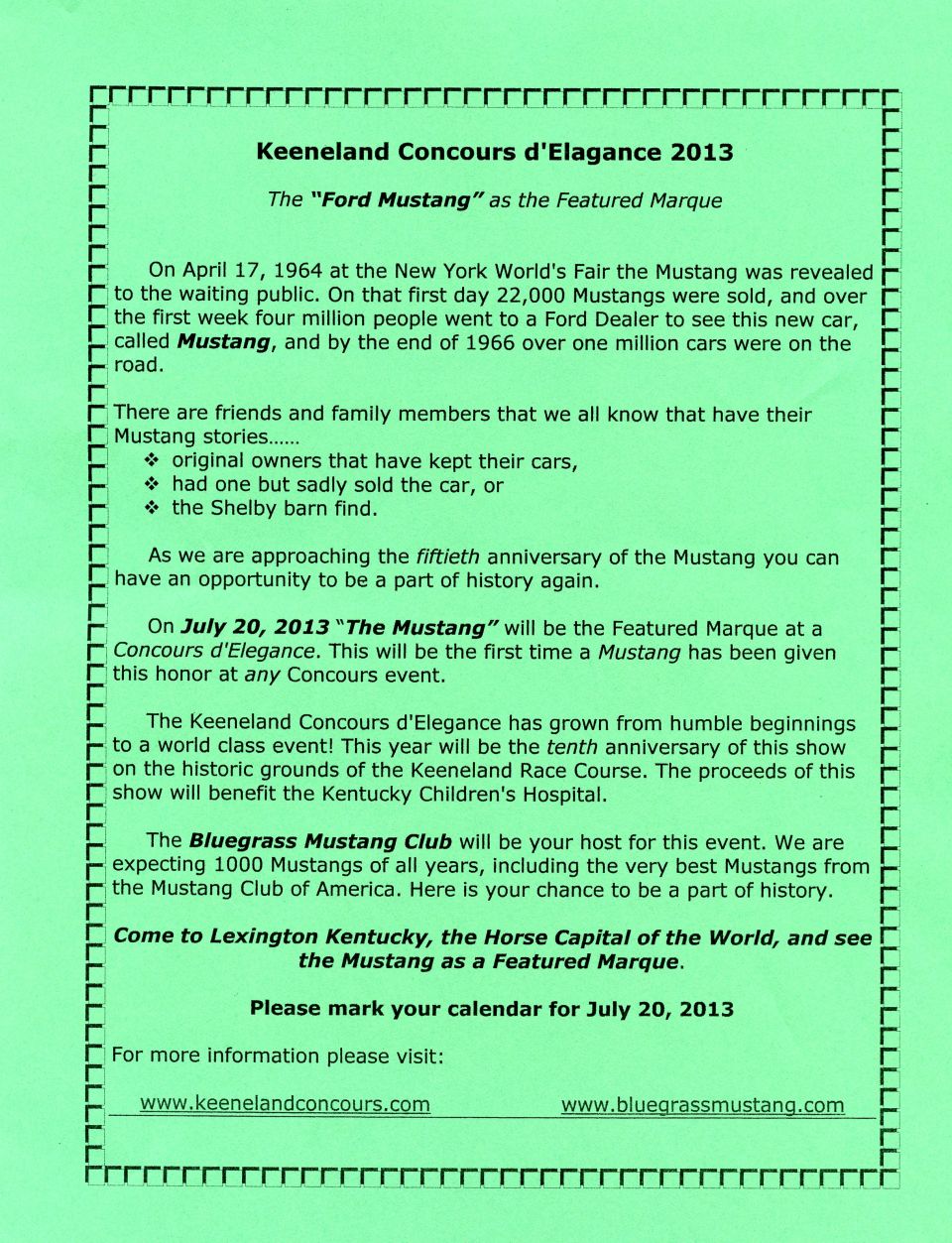 Keeneland Concours d'Elegance 2013 invitation featuring the Ford Mustang