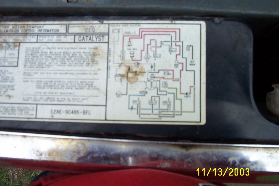 Ford emission control information decal EZAE-9C485-BFL with vacuum hose routing diagram
