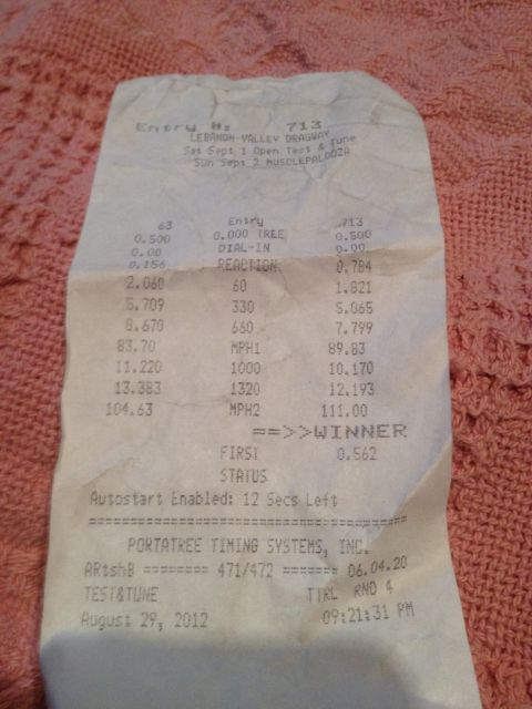 1972 Ford Ranchero - A timing slip shows race results including reaction time, speed, and winner status from a drag strip event.