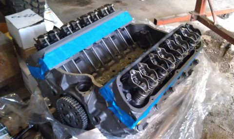 1993 Ford Bronco - Close-up view of a V8 engine block, showing the internal valve train components and a timing chain.