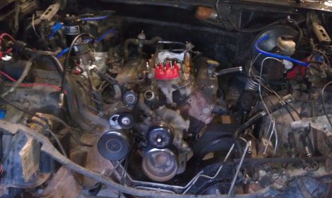 1993 Ford Bronco - Engine bay with various engine parts, hoses, and wiring. No specific vehicle identified.