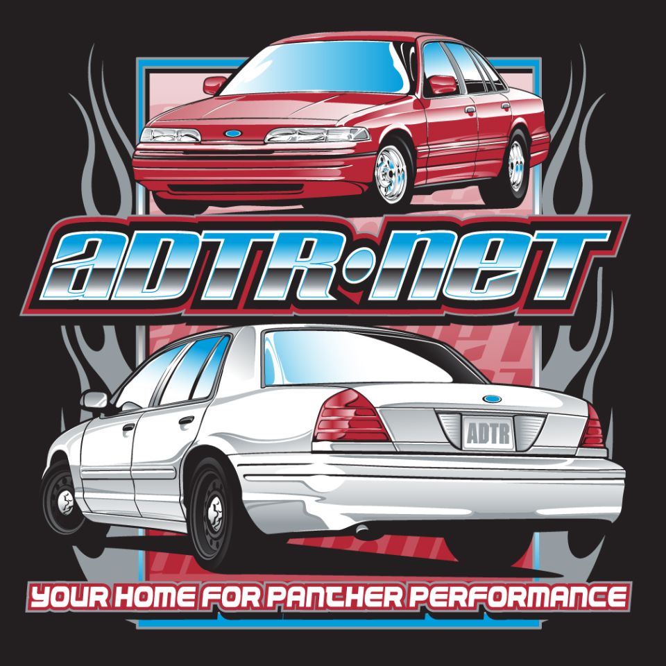 ADTR.net logo artwork with a red Ford sedan above and a white Crown Victoria below on a black background