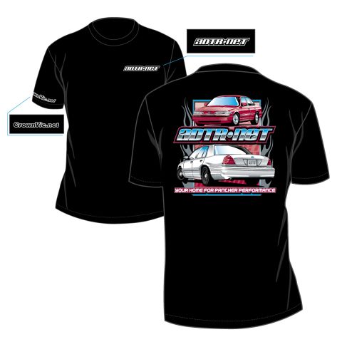 1998 Ford Crown Victoria - black T-shirt mockup showing ADTR.net front and back prints with a red sedan and white Crown Victoria design.