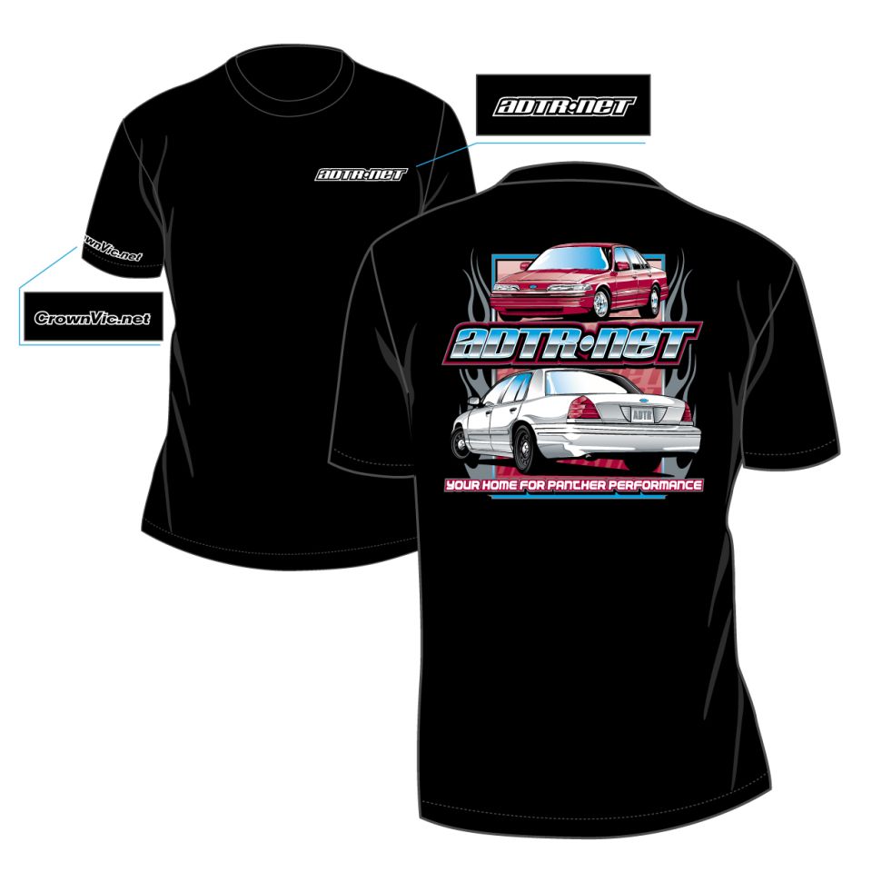 Black T-shirt mockup printed with ADTR.net car artwork featuring a red sedan and white Crown Victoria