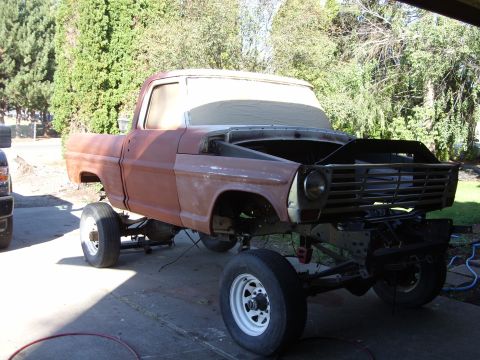 1967 Ford F-250 - This 1967 Ford F-250 is in the process of being restored, with its body raised on stands.