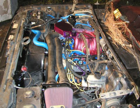 1988 Ford Bronco - Overhead view into an engine bay with a fuel-injected V8 dressed in candy-red and purple painted intake and valve covers, blue silicone rad…