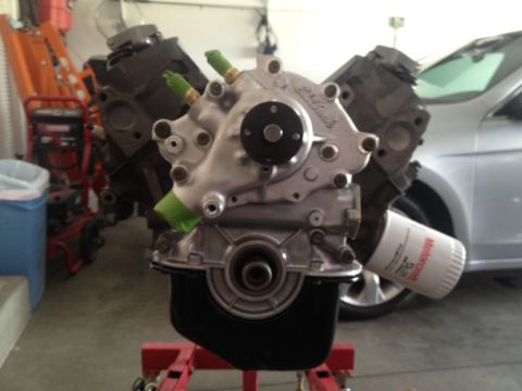 1965 Ford Mustang - 302 with Ford Racing Rear Sump pan, new timing cover, and Edelbrock Victor water pump installed