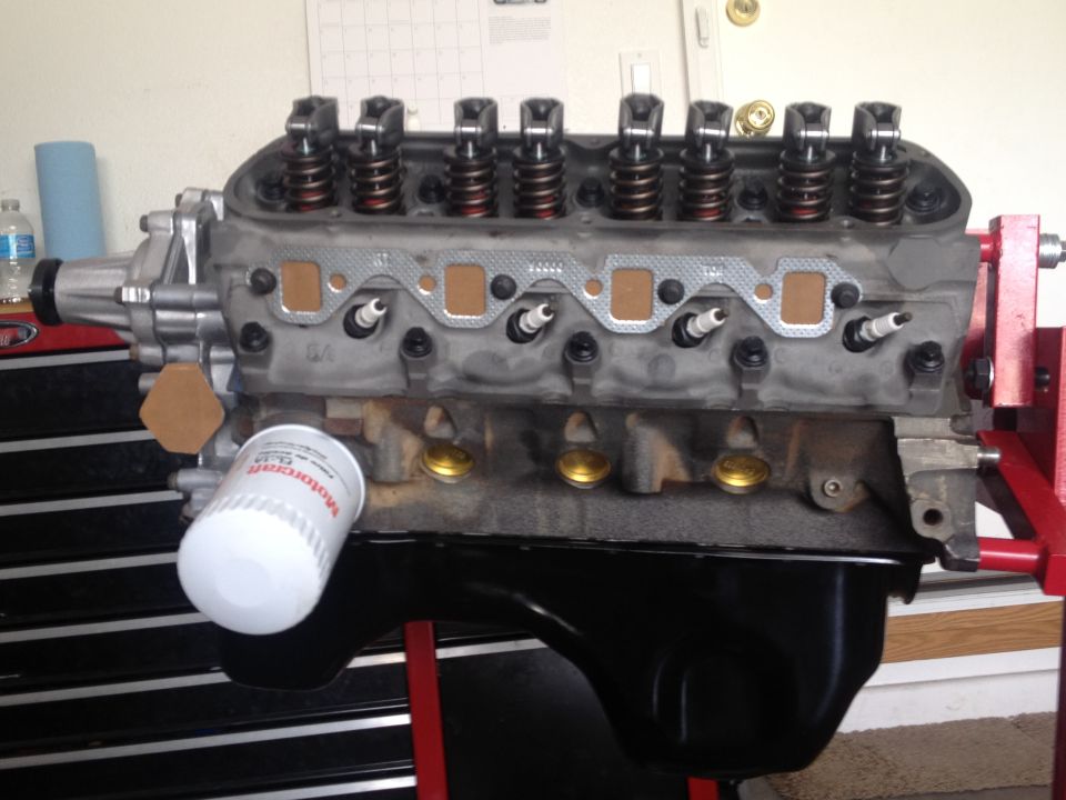 302 with Ford Racing Rear Sump pan, new timing cover, and Edelbrock Victor water pump installed