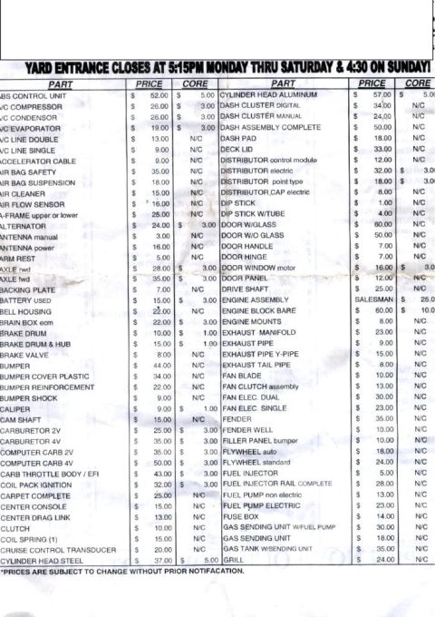 1992 Ford Bronco - Wrecking-yard used-parts price list showing part names with their prices and core charges in two columns.