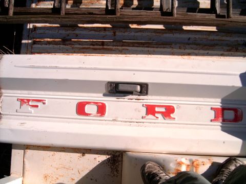 1967 Ford F-250 - Tailgate of a 1967 Ford F-250 pickup truck, showing the iconic red lettering.