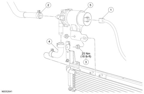 2007 Ford Mustang - Parts and installation drawing of a cooler fitting, hoses and bracket with numbered callouts and a 25 Nm torque note.