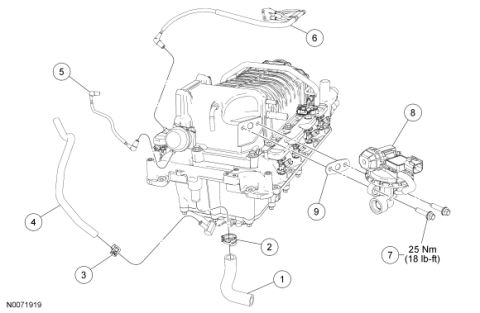 2007 Ford Mustang - Parts and installation drawing of a supercharged intake manifold with vacuum hoses and EGR valve, numbered callouts and torque note.