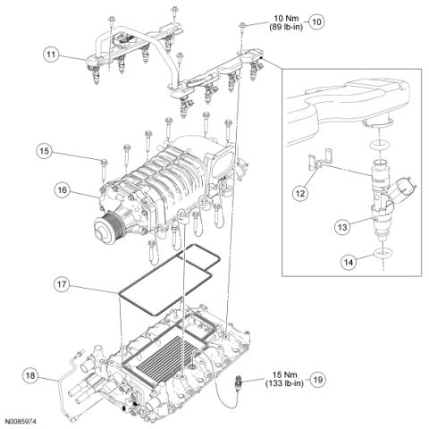 2007 Ford Mustang - Exploded parts diagram of a supercharger assembly with fuel rail, injectors, gaskets and intake manifold, numbered with torque specs.