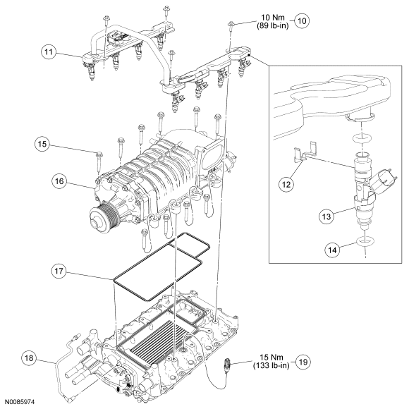 Exploded parts diagram of a supercharger, fuel rail, injectors and intake manifold with numbered callouts