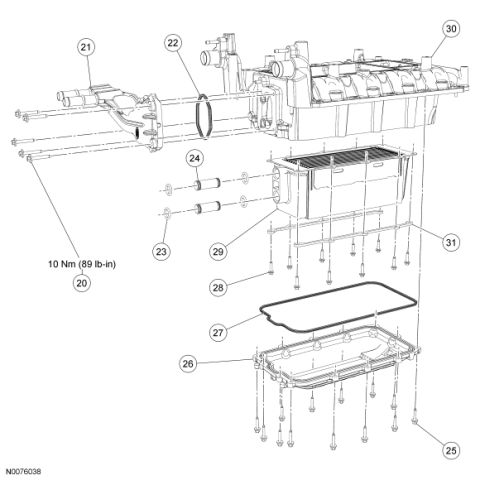 2007 Ford Mustang - Exploded parts diagram of an intake manifold and intercooler assembly with gaskets, fasteners and lower pan, numbered callouts.