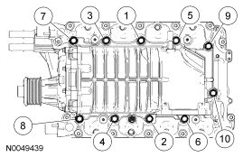2007 Ford Mustang - Torque-sequence diagram showing the numbered bolt tightening order for a supercharger assembly.