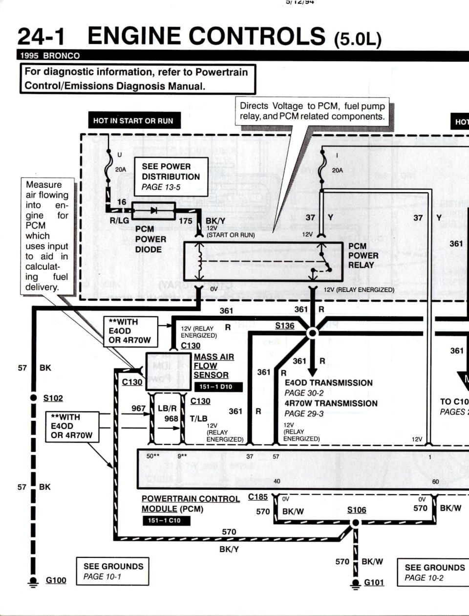 1995 Ford Bronco 5.0L engine controls wiring diagram 24-1, PCM power relay and MAF, page 2