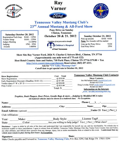 2007 Ford Mustang - Car show event flyer and registration form listing schedule, fees, and entrant sign-up fields for an all-Ford show.