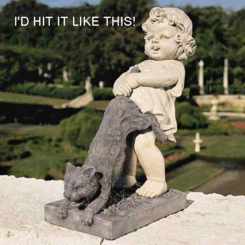1995 Ford Bronco - A statue depicts a child interacting with a cat in a garden setting, overlaid with text.