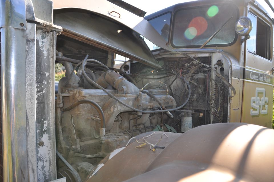 Truck engine compartment with hood open, showing engine and wiring. Gold cab has text and logo