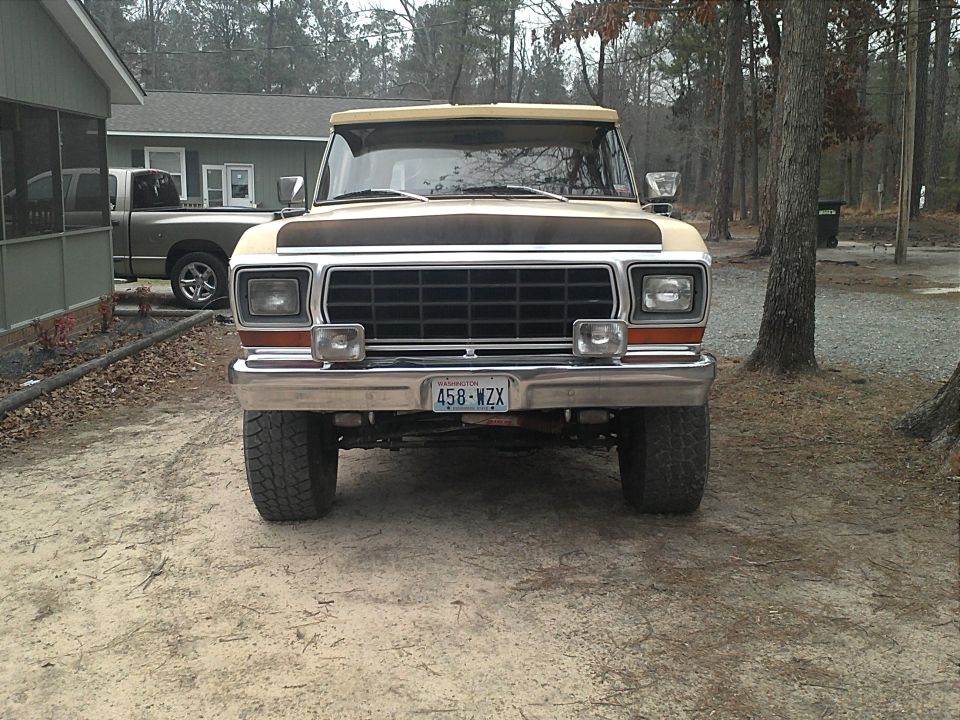 Tan 1978 Ford Bronco front view with a black grille and chrome bumper