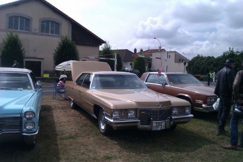 1991 Ford LTD Crown Victoria - A gold Cadillac sedan is parked on grass with its hood up, alongside other vehicles under a cloudy sky.