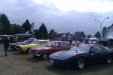 1991 Ford LTD Crown Victoria - A line of cars is parked on a grassy field under a cloudy sky.