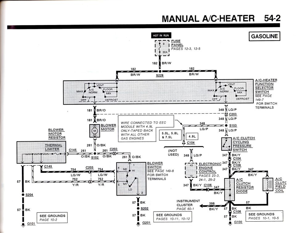 1995 Ford Bronco Manual A/C-Heater Wiring Diagram (page 54-2), gasoline engines