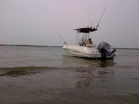 2007 Wellcraft 200 LT Fisherman - A person steers a white fishing boat on the water, equipped with fishing rods and an outboard motor.