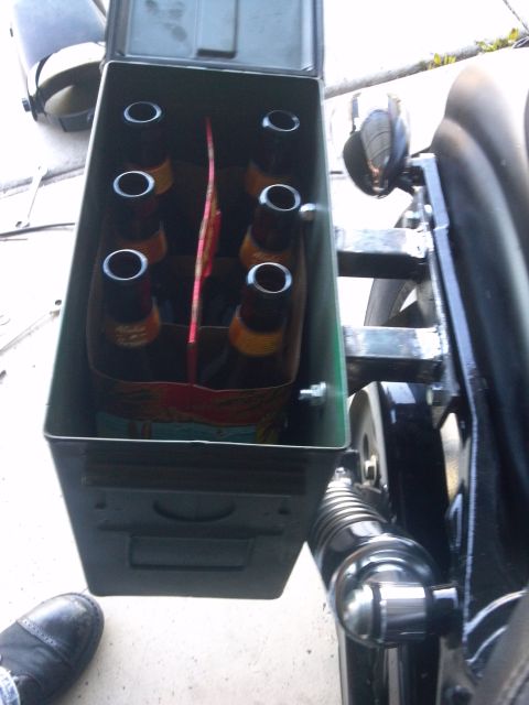 2002 Harley-Davidson XL Sportster - Motorcycle with an ammo can carrying beer bottles.
