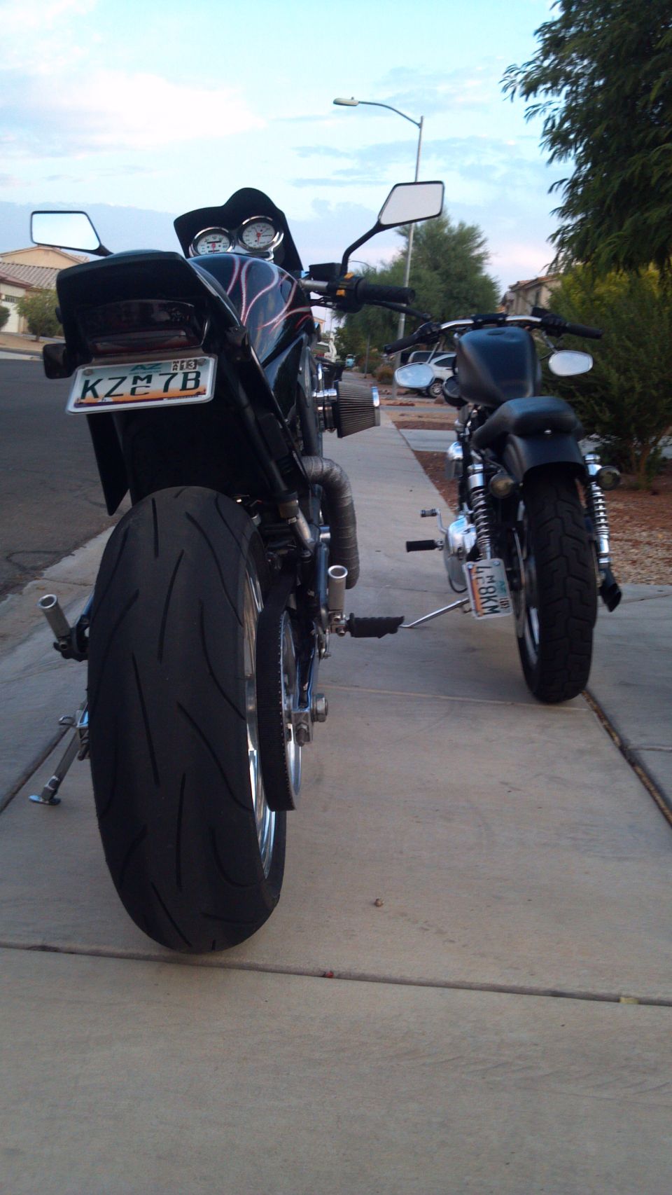 Motorcycle rear view with flame decals and license plate KZC7B
